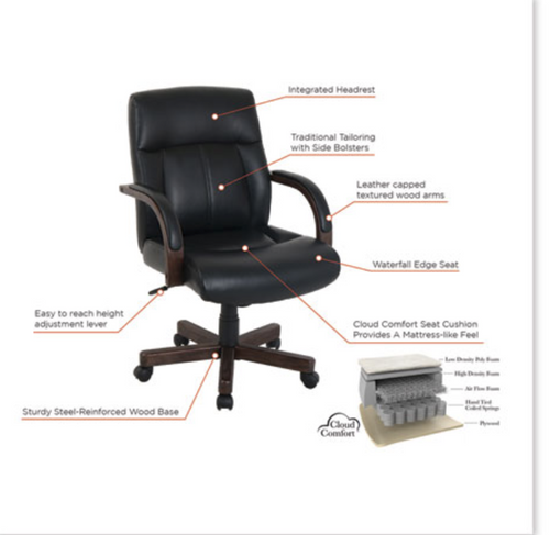 Wood-trim Leather Office Chair, Black Seat/back, Gray Base