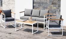 Rickywood Outdoor Patio Seating Group, Patio Conversation Sofa Set of 4PC, Aluminum Frame + Solid Wood Chair Sets & Coffee Table, Washable Light Gray Outdoor Cushions